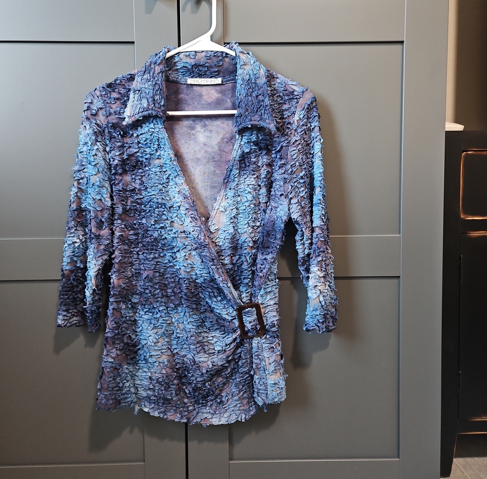 Sno Skins Blue Multi-Tone Textured Wrap Blouse with Buckle Accent